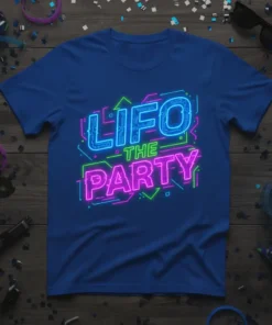 Neon LIFO The Party text design on a royal blue t-shirt, featuring bright pink and green glowing letters with circuit