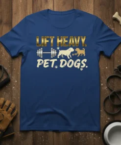 Lift Heavy Pet Dogs t-shirt with dumbbell graphic and two dogs, perfect for dog owners and fitness enthusiasts