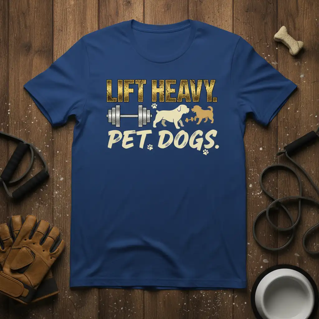 Lift Heavy Pet Dogs text with dumbbell and dog graphics on a blue t-shirt, ideal for gym-loving pet owners