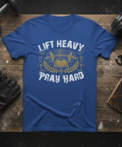 Lift Heavy Pray Hard t-shirt with barbell, open book, and crosses graphic