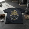 Lift Heavy Pray Hard t-shirt with praying hands, barbell, and vintage design elements