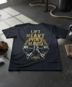 Lift Heavy Pray Hard t-shirt with praying hands, barbell, and vintage design elements