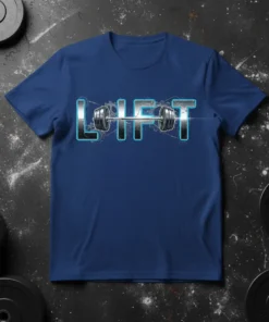 LIFT graphic t-shirt featuring a stylized barbell and bold lettering, designed for gym workouts and fitness motivation