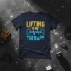 Lifting Is My Therapy t-shirt design with yellow text and blue barbell graphic, representing a heartbeat EKG line