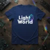 Navy t-shirt with white text "Light the World" and a geometric crystal graphic