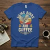 Vintage t-shirt design with text "Like Birds and Coffee", featuring an eagle, coffee cups, and retro sunset graphic