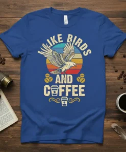 Vintage t-shirt design with text "Like Birds and Coffee", featuring an eagle, coffee cups, and retro sunset graphic