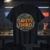Black t-shirt with "Like I Always Say SAFETY THIRD" text surrounded by gears and barbed wire graphic