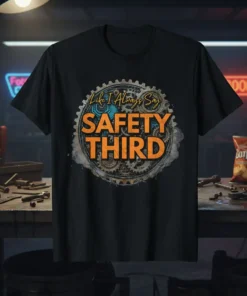 Black t-shirt with "Like I Always Say SAFETY THIRD" text surrounded by gears and barbed wire graphic