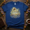 Like Jesus Christian T-Shirt design with a bee and golden ornate lettering on a royal blue tee