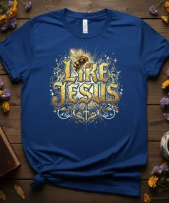 Like Jesus Christian T-Shirt design with a bee and golden ornate lettering on a royal blue tee