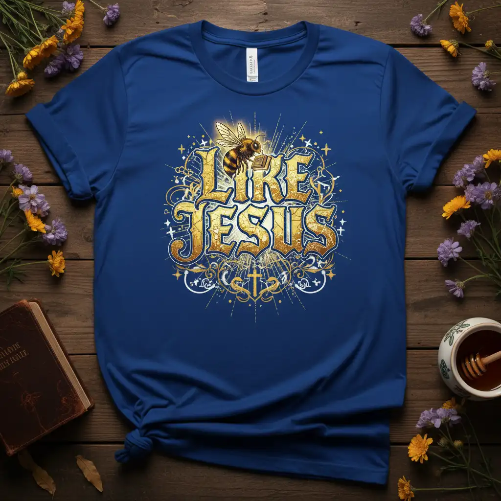 Like Jesus Christian T-Shirt with bee graphic and ornate golden lettering, symbolizing faith