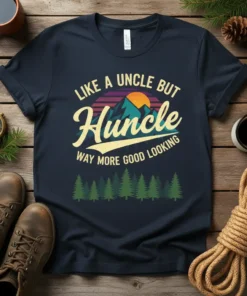 Like a Uncle But Huncle Way More Good Looking text with sunset mountain graphic on navy t-shirt