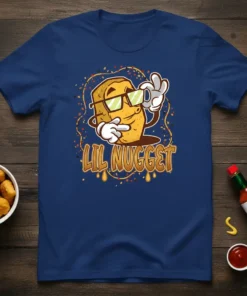 Lil Nugget funny food graphic t-shirt with a cool chicken nugget character wearing sunglasses