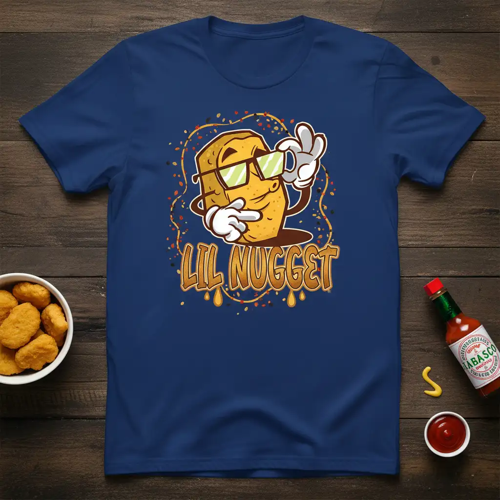 Lil Nugget funny food graphic tee featuring a cool chicken nugget character with sunglasses and confetti