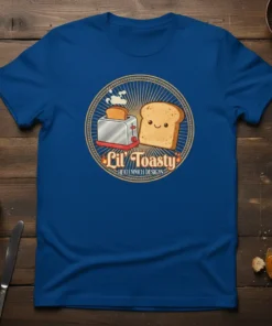 Lil' Toasty t-shirt design with a kawaii toaster and smiling toast graphic, featuring "Lil' Toasty" and "Hekiennich Designs" text