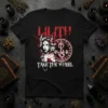 Lilith Take The Wheel t-shirt with red gothic font, demon woman graphic, and occult sigil