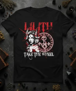 Lilith Take The Wheel t-shirt with red gothic font, demon woman graphic, and occult sigil