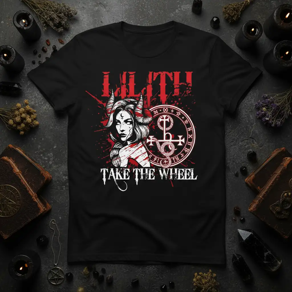 Lilith Take The Wheel occult t-shirt featuring a red demon woman graphic and sigil