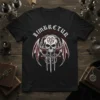 Black t-shirt with Limbrctur text and gothic skull with wings and swords design, occult pentagram symbol
