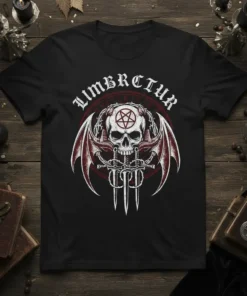 Black t-shirt with Limbrctur text and gothic skull with wings and swords design, occult pentagram symbol