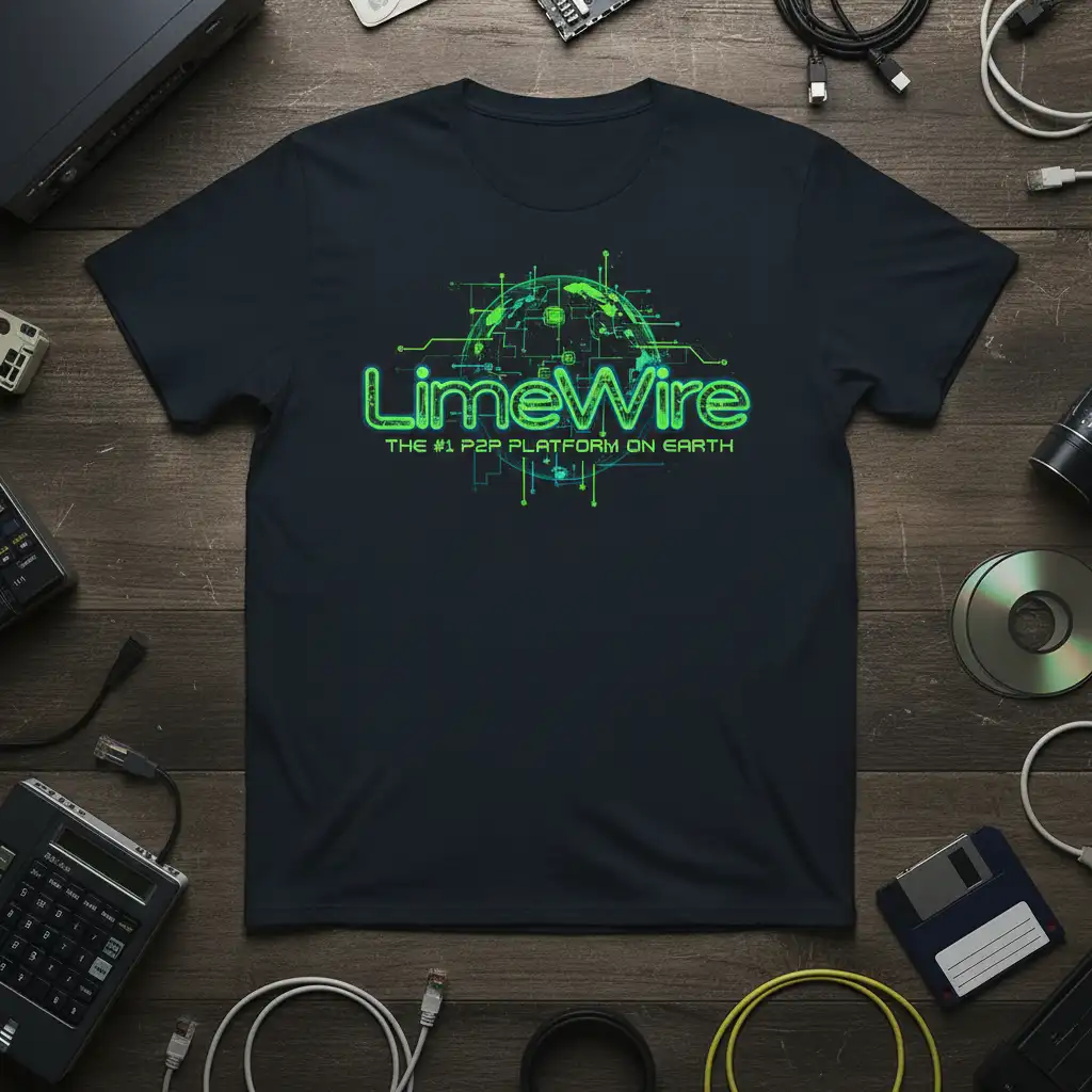 LimeWire THE #1 P2P PLATFORM ON EARTH text with green circuit globe graphic on a navy shirt