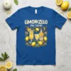 Limoncello Per Favore T-Shirt with illustration of limoncello bottle and glasses surrounded by lemons