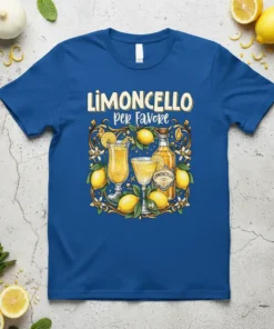 Limoncello Per Favore T-Shirt with illustration of limoncello bottle and glasses surrounded by lemons