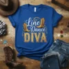 Line Dance DIVA text with cowboy boots and musical notes graphic on a royal blue t-shirt