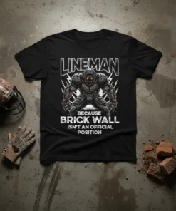 Lineman football player graphic with text "LINEMAN BECAUSE BRICK WALL ISN'T AN OFFICIAL POSITION" on a black t-shirt