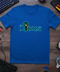 Blue t-shirt featuring the Linux Tux Penguin logo with circuit board design and glowing accents