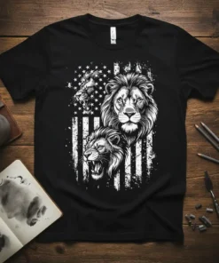 Lion American Flag Graphic T-Shirt featuring three detailed lion heads and a distressed USA flag design
