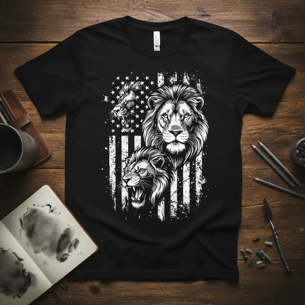Lion American Flag Graphic bold typography printed on soft premium material creating a standout t-shirt