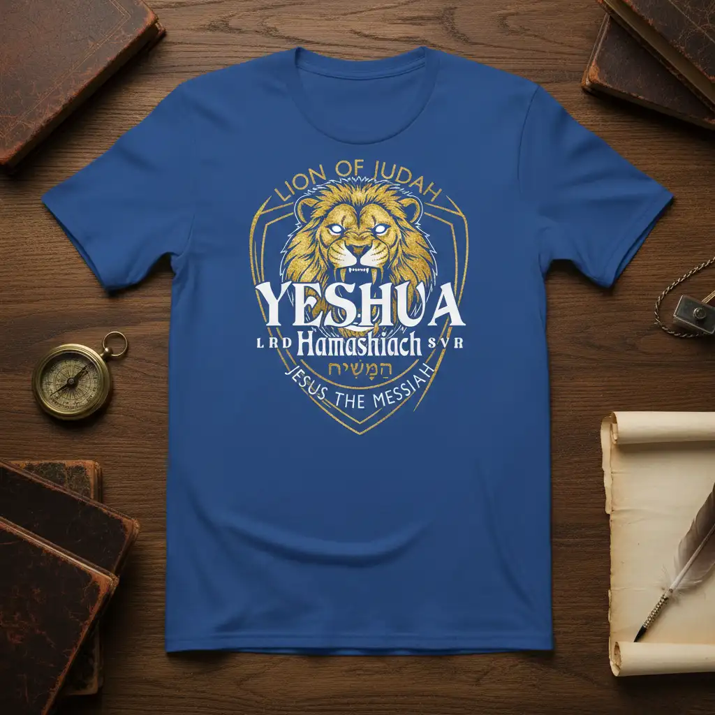 Lion of Judah Yeshua shirt design with Jesus the Messiah text and Hebrew script