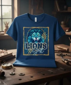 LIONS Y'all t-shirt with a fierce blue and teal lion head graphic inside a gold distressed frame, with gold claw