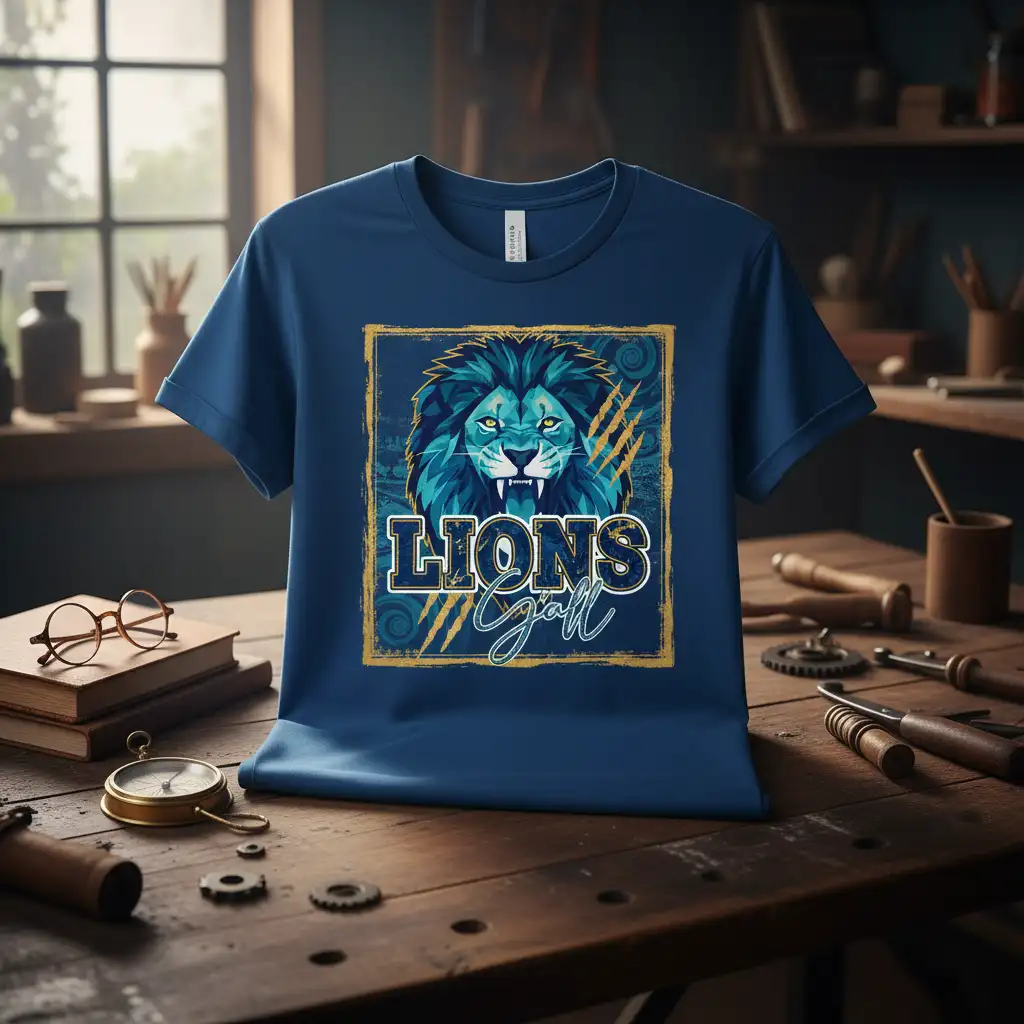LIONS Y'all bold graphic tee featuring a fierce blue and teal lion head with gold accents and claw marks