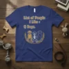 List of People I Like : 1) Dogs. text with three dog breeds illustration on a navy blue t-shirt