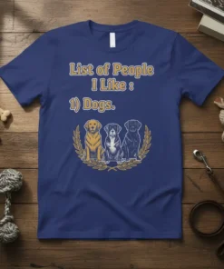 List of People I Like : 1) Dogs. text with three dog breeds illustration on a navy blue t-shirt