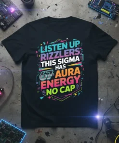 T-shirt with "Listen Up Rizzlers This Sigma Has Aura Energy No Cap" text in vibrant, retro-inspired lettering