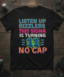 Listen Up Rizzlers This Sigma Is Turning 11 No Cap graphic tee design with colorful, bold typography and the number