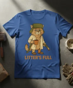 Blue t-shirt with "Litter's Full" text and cartoon grumpy cat holding coffee and scoop