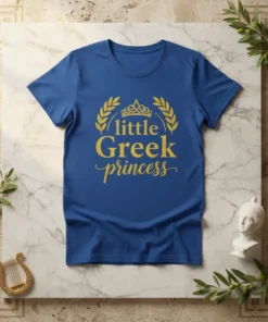 Blue t-shirt with gold glitter text "little Greek princess" and a crown graphic, designed for girls