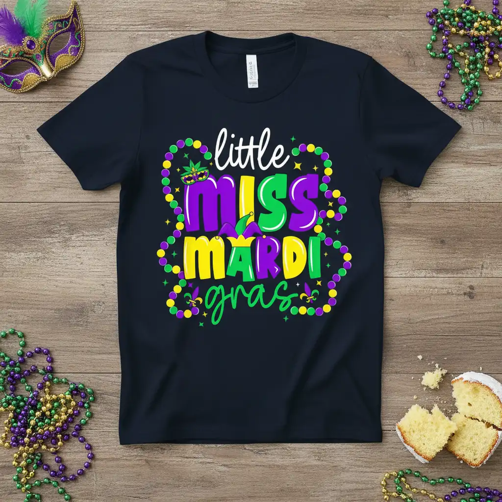 Little Miss Mardi Gras festive text design with purple, green, and gold beads and a mask graphic