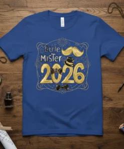 Little Mister 2026 t-shirt with gold numbers, mustache, top hat, and bow ties