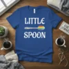 Little Spoon text with a rainbow spoon graphic on a blue t-shirt for pride couples