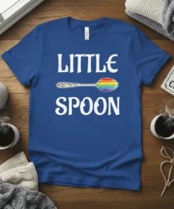 Little Spoon text with a rainbow spoon graphic on a blue t-shirt for pride couples