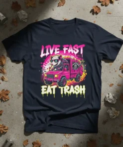 Live Fast Eat Trash t-shirt design with a sunglasses-wearing opossum driving a pink garbage truck, and a raccoon in the