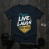 Live Laugh Krav Maga T-Shirt featuring a silhouette of a fighter kicking, with distressed text and a yellow shield graphic