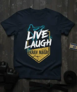 Live Laugh Krav Maga T-Shirt featuring a silhouette of a fighter kicking, with distressed text and a yellow shield graphic