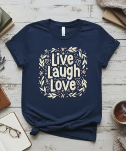 Live Laugh Love quote t-shirt with floral wreath design in pastel colors